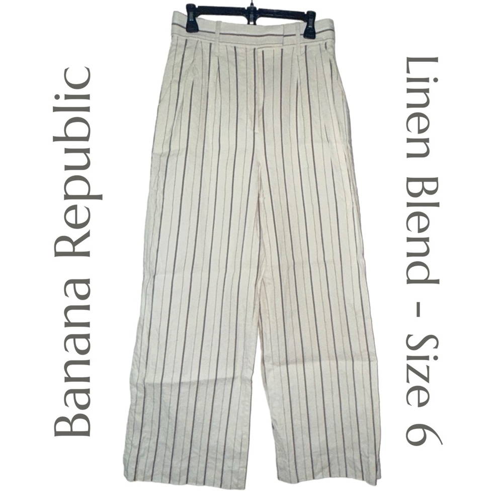 Banana Republic Cream Linen-Blend Striped Wide-Leg Trousers